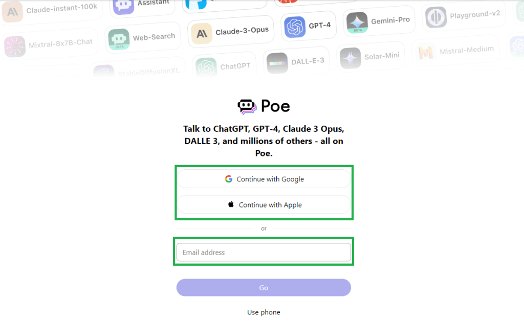 Poe homepage with login button circled - GPT-4o tunisia